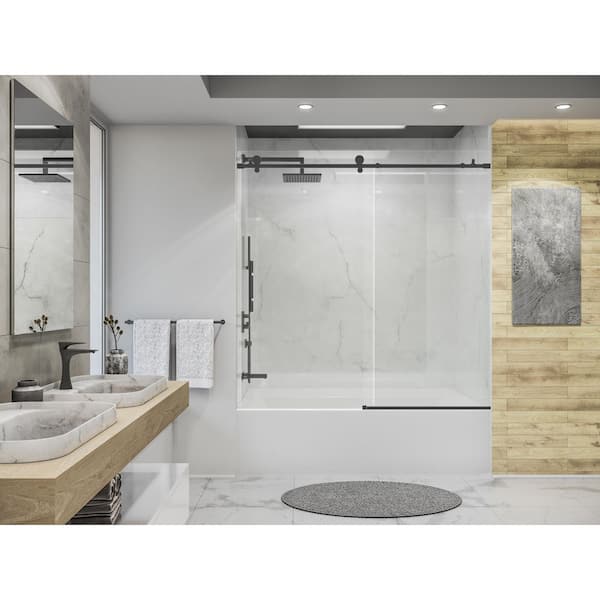 Eclipse 60 in. W x 60.5 in. H Sliding Bypass Frameless Tub Door in Matte Black with 3/8 in. (10mm) Thick Clear Glass