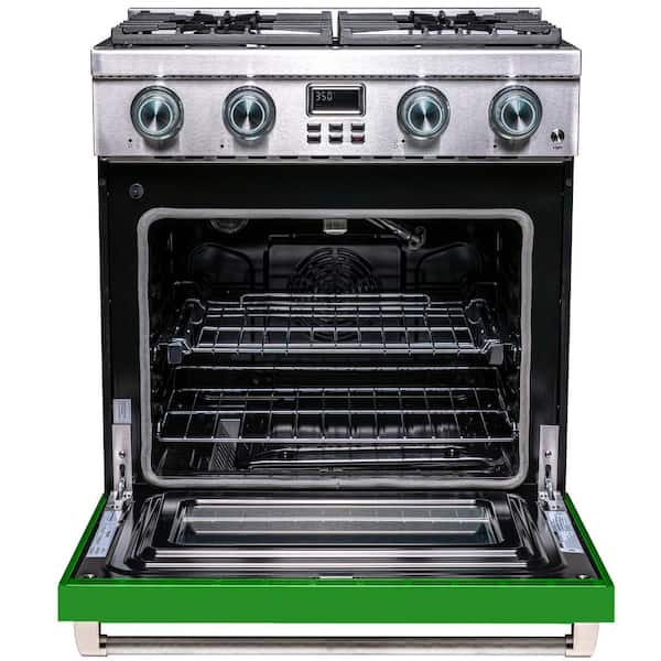 Pro-Style 30 in. 4-Burner Slide-in Gas Range with Convection in Stainless Steel with Green Oven Door