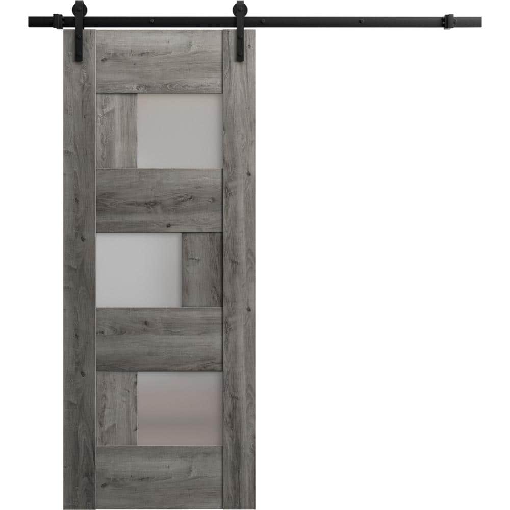 Assembly Required 28 in. x 84 in. 1-Panel Frosted Glass Nebraska Grey Wood Solid MDF Sliding Barn Door with Hardware Kit price history on PriceWatchPro