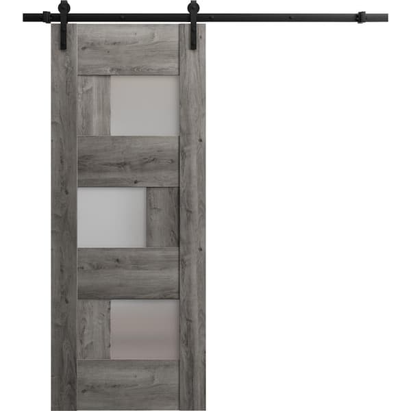 Assembly Required 36 in. x 84 in. 1-Panel Frosted Glass Nebraska Grey Wood Solid MDF Sliding Barn Door with Hardware Kit