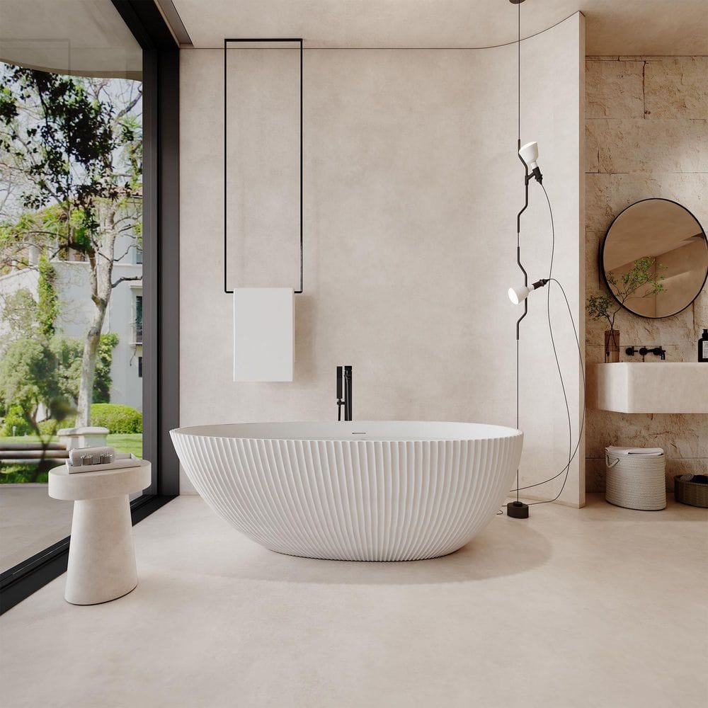 67 in. x 33.5 in. Freestanding Stone Resin Solid Surface Soaking Bathtub in Matte White, Vertical Pattern Design price history on PriceWatchPro