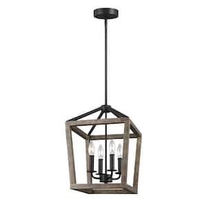 Gannet 4-Light Weathered Oak Wood and Antique Forged Iron Rustic Farmhouse Small Caged Hanging Candlestick Chandelier