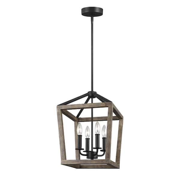 Generation Lighting Gannet 4-Light Weathered Oak Wood and Antique Forged Iron Rustic Farmhouse Small Caged Hanging Candlestick Chandelier
