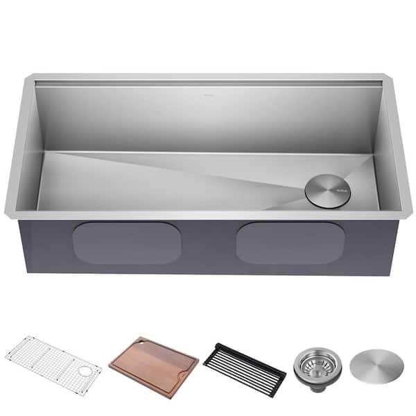KRAUS Kore 36 in. Undermount Single Bowl 16 Gauge Stainless Steel Kitchen Workstation Sink with Accessories