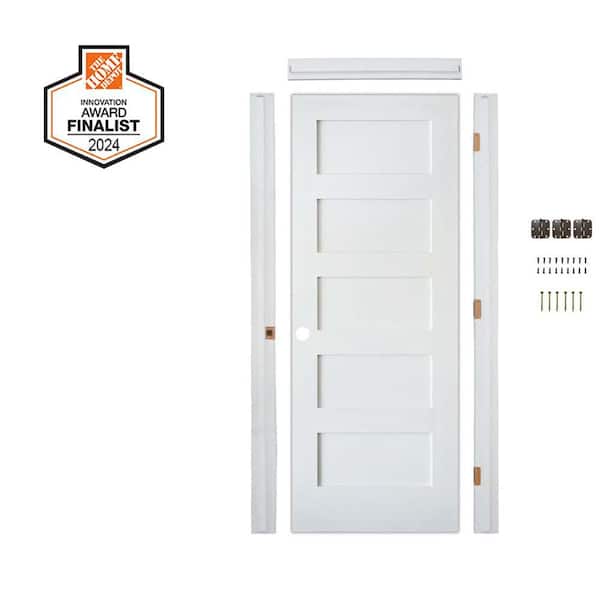 DIY 28 in. x 80 in. Shaker 5-Panel Right-Hand Primed Solid Core MDF Wood Single Interior Door Kit w/ Quick Assemble Jamb