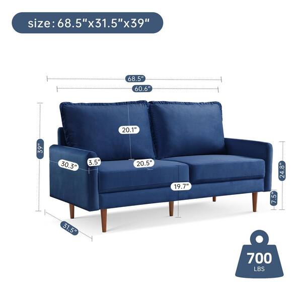 Modern Cambered Series 69 in. Round Arm Velvet Polyester Modern Straight  Sofa in Blue