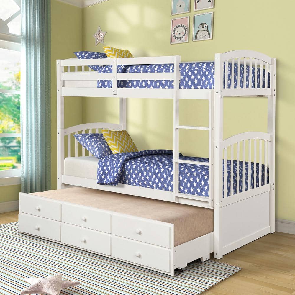 Qualler White Twin over Twin Bunk Bed with Twin Size Trundle and 3 ...