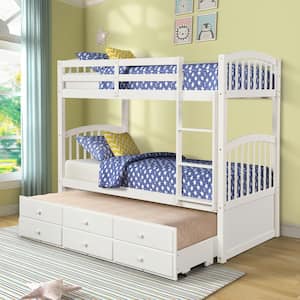 White Twin over Twin Bunk Bed with Twin Size Trundle and 3-Drawers