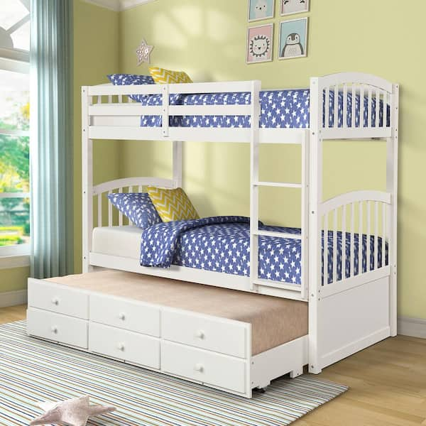 Qualler White Twin Over Twin Bunk Bed With Twin Size Trundle And 3 ...