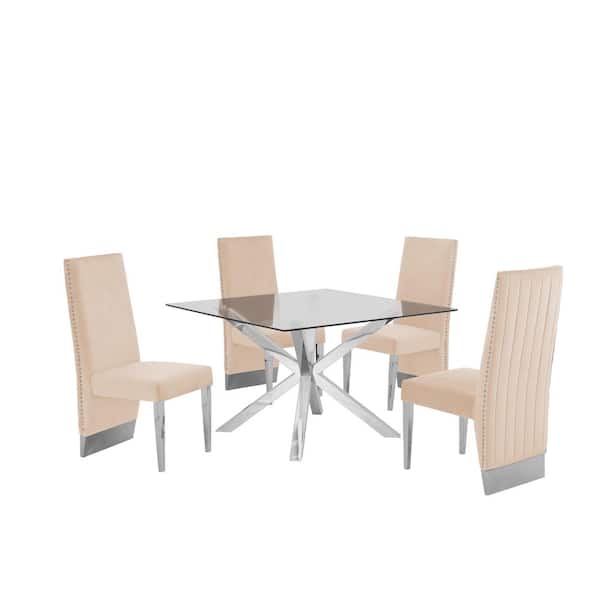 Best Quality Furniture Anitta 5-Piece Square Glass Top With Stainless Steel Base Table Set With 4 Cream/Beige Velvet Chair With Nail Head Trim