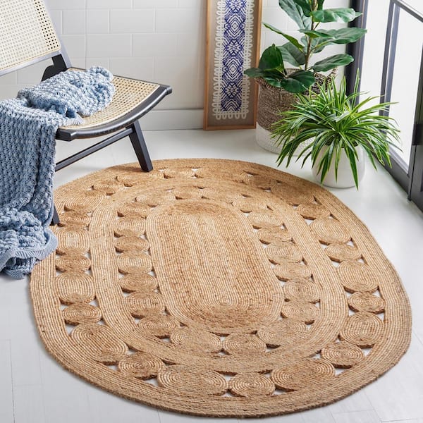 Natural Fiber Beige 4 ft. x 6 ft. Border Woven Oval Area Rug