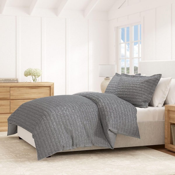 Grey 100% Cotton Honeycomb Waffle 3-Piece Full / Queen Duvet Set with Shams