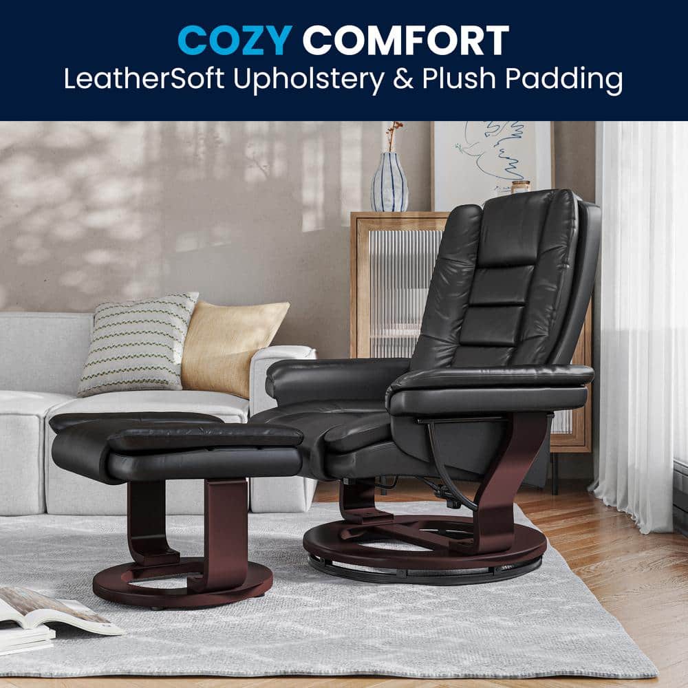 Black Faux Leather Swivel Recliner with Wood Base