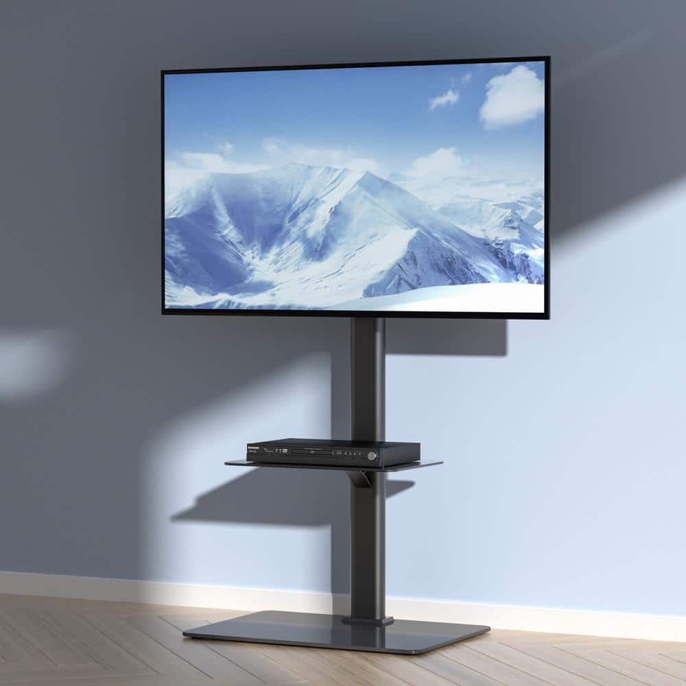 Black Adjustable TV Stand with Mount and Tempered Glass Base