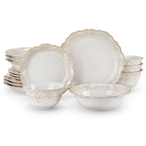 16-Piece Cream White Stoneware Dinnerware Set Service for 4 Bowls and Plates Dinner Set