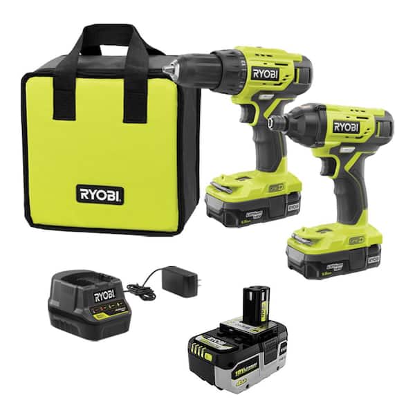 RYOBI ONE+ 18V Cordless 2-Tool Combo Kit with (2) Batteries, Charger, Bag and HIGH PERFORMANCE Lithium-Ion 4.0 Ah Battery