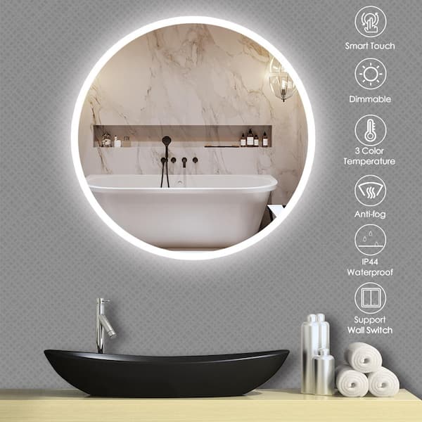 ELLO&ALLO 24 in. W x 24 in. H Single Frameless Round LED Light Bathroom Wall Vanity Mirror with Shelf, Clear