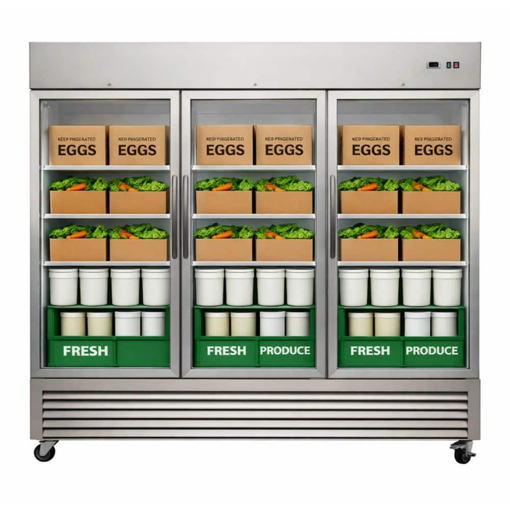 81 in. W 72 cu. ft. Glass 3-Door Commercial Merchandiser Refrigerator in Stainless Steel, 110-Volt