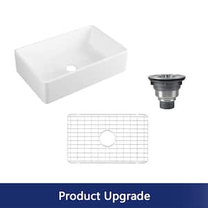 Feast White Ceramic 33 in. L x 20 in. W Rectangular Single Bowl Farmhouse Apron Kitchen Sink with Grid and Strainer