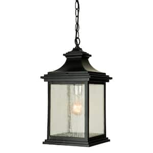 Gentry 16.57 in. 1-Light Midnight Finish Dimmable Outdoor Pendant Light with Seeded Glass, No Bulb Included