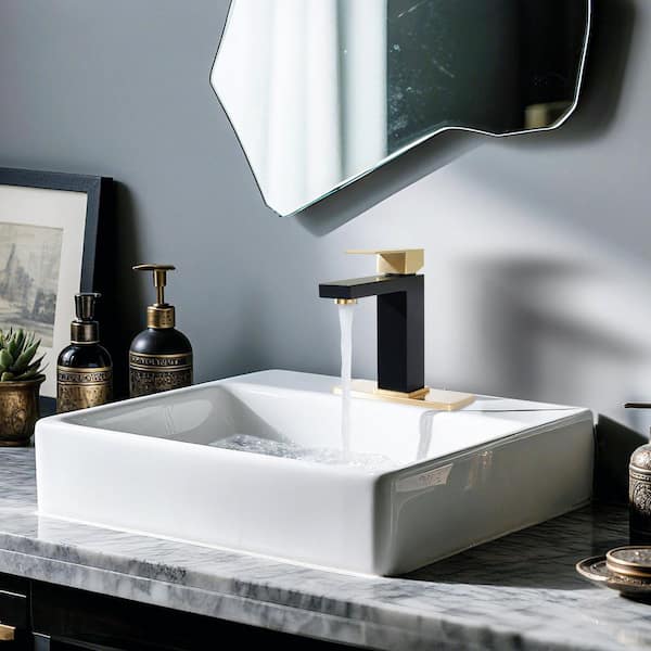 Single Handle Single Hole Bathroom Faucet with Deckplate and Pop Up Drain Included in Black and Gold