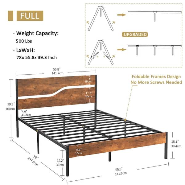 Full Metal Platform Bed Frame with Wooden Headboard，Platform Bed with Metal Frame Under Bed Storage，56.6"W，Brown