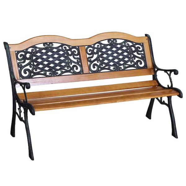 50 in. Outdoor Garden Bench, Patio Bench with Wood Seat, Porch Bench with Antique-Like Flourishes for Backyard