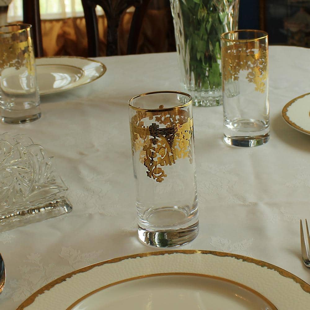 Elegant 24K Gold Floral Embellished Crystal Highball Tumblers, Set of 4