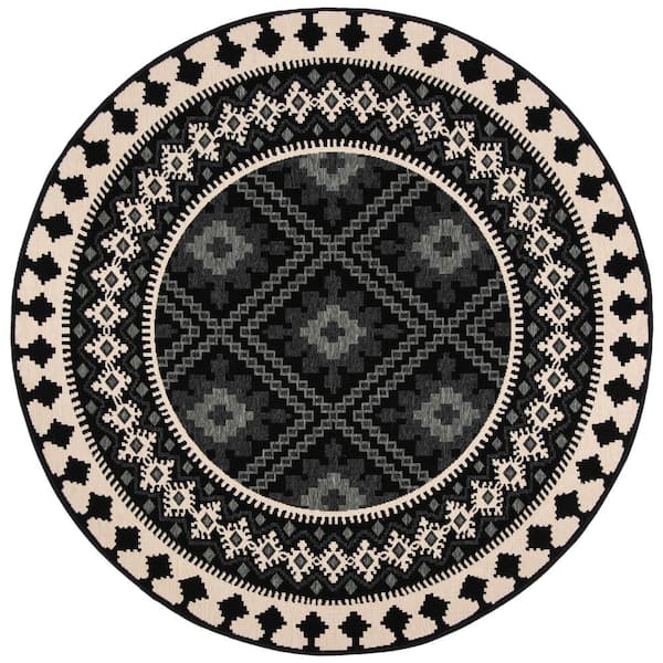 Veranda Black/Creme Doormat 3 ft. x 3 ft. Round Geometric Border Indoor/Outdoor Area Rug