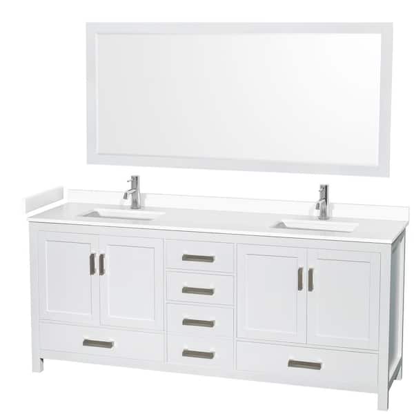 Wyndham Collection Sheffield 80 in. W x 22 in. D x 35 in. H Double Bath Vanity in White with White Cultured Marble Top and 70" Mirror