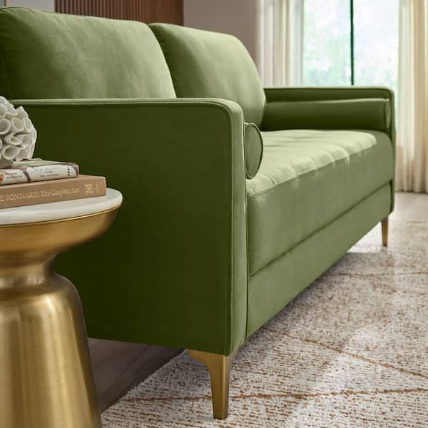Goodwin 75.6 in. Square Arm Velvet Rectangle Sofa in Olive Green