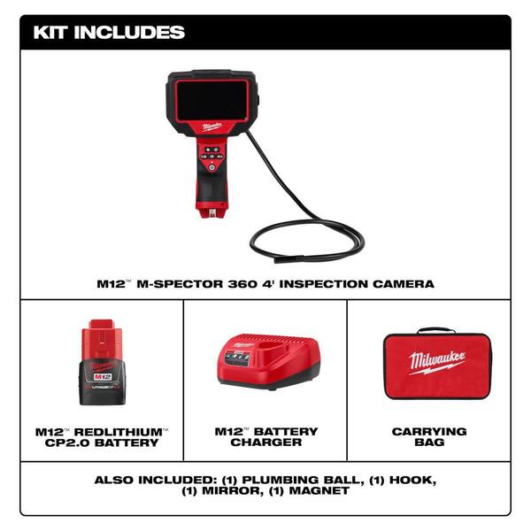 Milwaukee M12 12V Lithium-Ion Cordless M-SPECTOR 360-Degree 4 ft. Inspection Camera Kit w/M12 1400 Lumen ROCKET LED Stand Light
