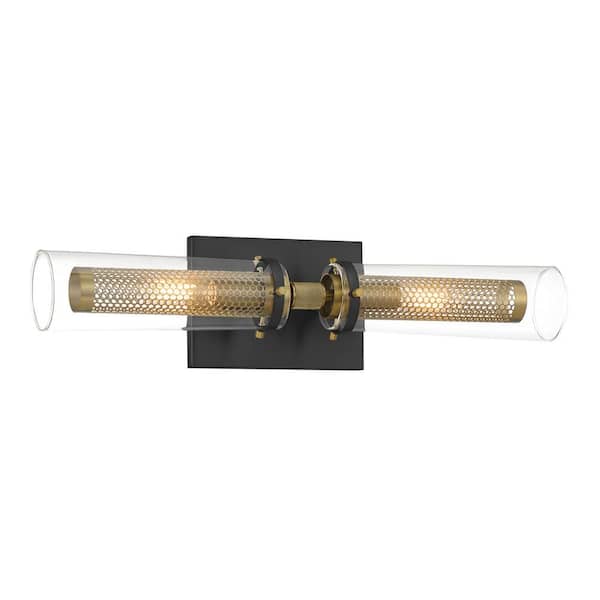 Emmerham 2-Light Black and Soft Brass Vanity Light with Clear Glass Shade