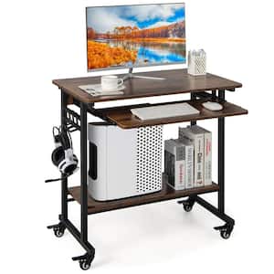 31.5 in. Rectangular Brown Wood Computer Desk Rolling Laptop Cart Writing Workstation with Keyboard Tray
