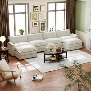 154 in. Flared Arm Deluxe Pillow-Styled Chenille U-Shaped Modular Sectional Sofa in off White with Tow Ottomans