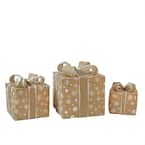 11.75 in. Christmas Outdoor Decorations Lighted Natural Snowflake Burlap Gift Boxes (3-Pack)