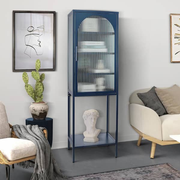 Unbranded Blue Pantry Organizer with Single Tempered Fluted Glass Door and Three Adjustable Shelves