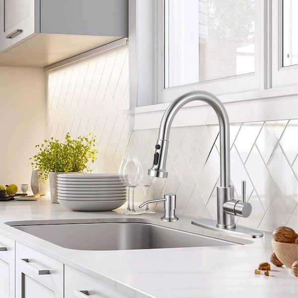 Single Handle Pull-Down Sprayer Kitchen Faucet Set Stainless Steel with Soap Dispenser in Brushed Nickel