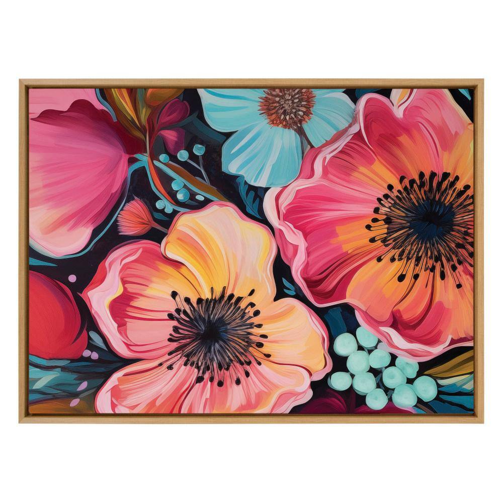 Colorful Floral Group Framed Canvas Wall Art in Natural Frame
