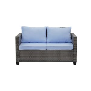 5-Piece Blue Wicker Outdoor Furniture Rattan Sofa Set Patio Conversation with Cushions