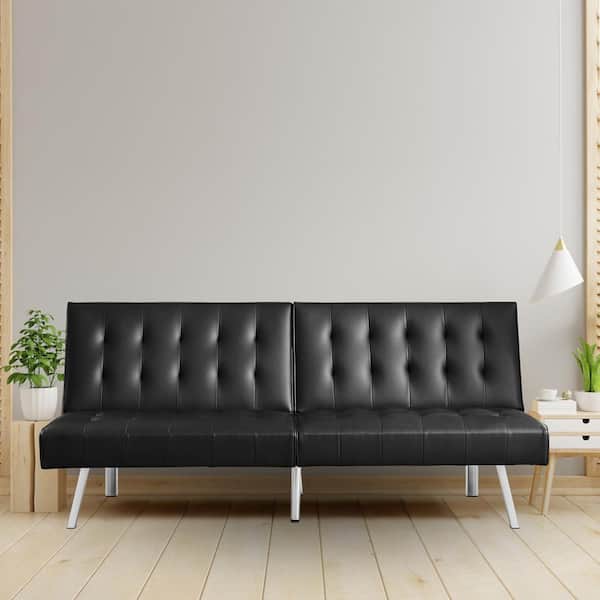 HOMESTOCK Black Faux Leather Tufted Split Back Convertible Futon Mattress Sofa Bed Couch Bed, Sleeper Sofa with Metal Legs