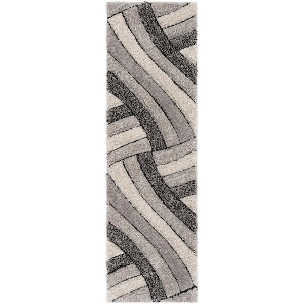 Well Woven San Francisco Ucci Grey Modern Geometric Stripes 2 ft. 3 in. x 7 ft. 3 in. 3D Carved Shag Runner Rug