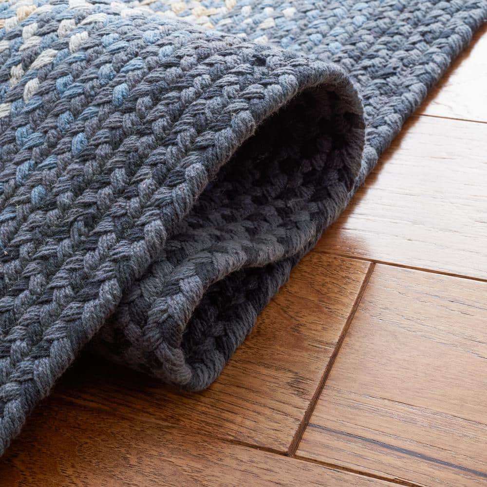 Handwoven Dark Gray and Blue Cotton Braided Area Rug, 5' x 8'