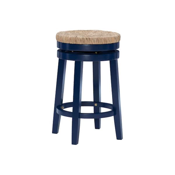 Powell Company Mesquite 25 in. Navy Blue Backless Wood Counter Stool with Seagrass Seat