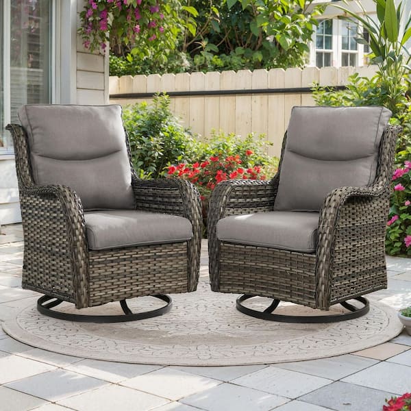 Bellefurn Smiley 2-Piece Gray PE Wicker Patio Swivel Glider with Olefin 5 in. Thick Gray Cushions Outdoor Rocking Chairs Set Of 2