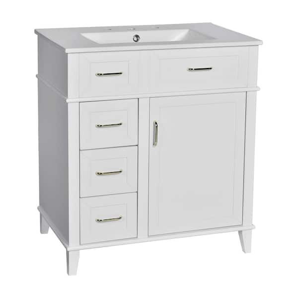 Ziyudura 30 in. Single Sink Freestanding White Bath Vanity with White Ceramic Top, Soft Close Door and Drawers, Overflow Hole