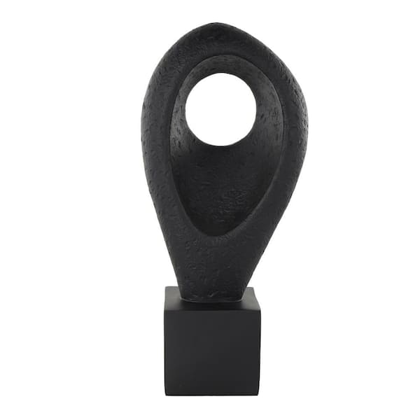 Litton Lane Black Polystone Textured Cutout Teardrop Abstract Sculpture with Block Base
