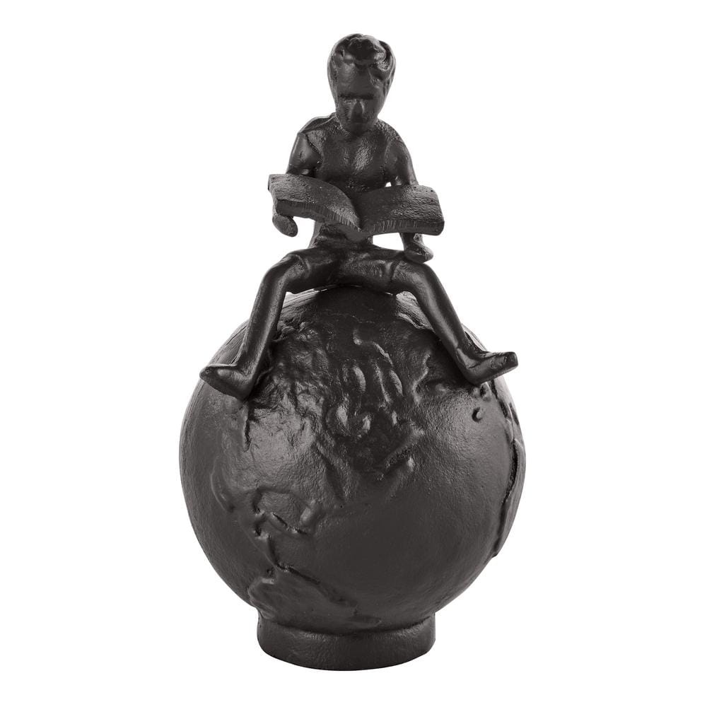 Bronze Cast Iron Boy Reading on Globe Tabletop Sculpture