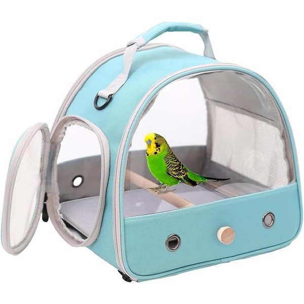 Portable Small Bird Travel Cage Carrier with Standing Perch & Comfy Mat in Blue