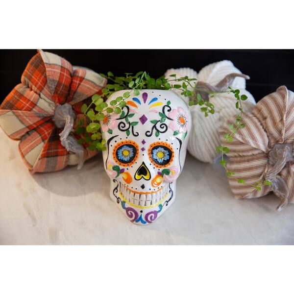 Flora Bunda 5 in. x 7 in. Colorful DOD Skull Ceramic Planter